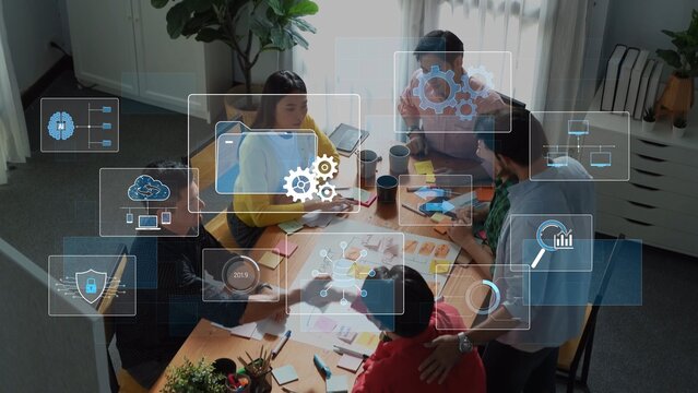 A diverse team collaborates in a modern office during a brainstorming session, utilizing technology overlays to visualize ideas and strategies for innovation and growth. Raster