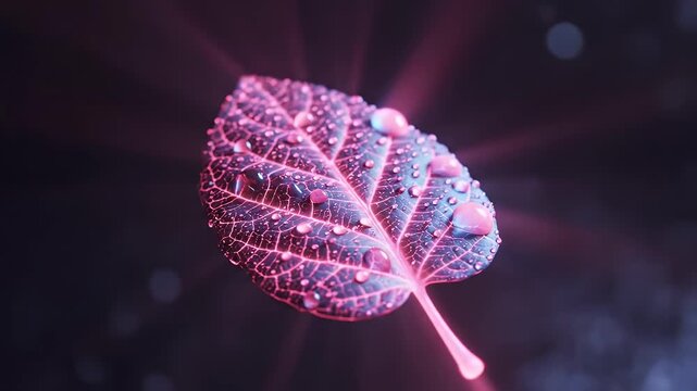 Close up of a single leaf with glowing neon pink veins and water droplets against a dark bokeh background.