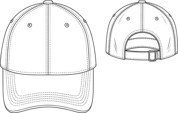 Unisex classic baseball cap technical flat sketch, adjustable dad hat CAD drawing, front and back view fashion vector illustration template, cad drawing flat vector illustration.