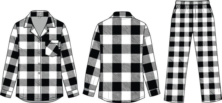 Women's buffalo check pajama set technical flat sketch, flannel sleepwear CAD drawing, button down shirt and pants vector illustration template.