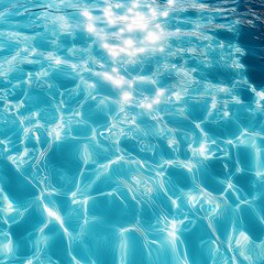 A sparkling pool with crystal clear water reflecting the golden sun in a serene outdoor setting.