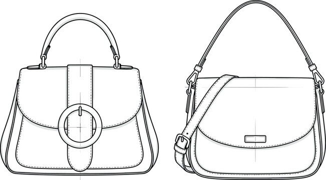 Women's fashion handbag technical flat sketch, leather shoulder bag CAD drawing, crossbody purse vector illustration template, cad drawing flat vector illustration.