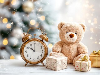 Cozy teddy bear nestled beside a vintage clock and colorful presents in a warm, inviting ambiance.