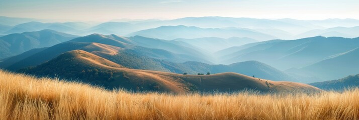 Majestic mountain range bathed in golden sunlight, with a serene foreground of lush green trees.