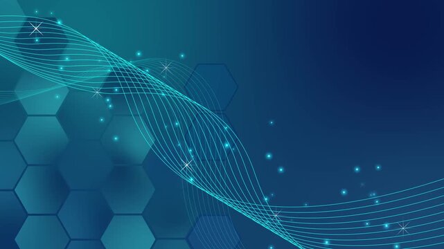 Abstract tech background with flowing light wave animation, hexagonal pattern and small glowing particles