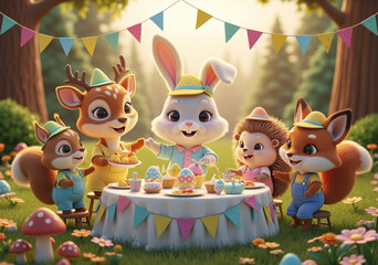 Fototapeta premium A cute anthropomorphic bunny throws an Easter party with woodland animals - a deer, a squirrel, a hedgehog, and a fox - in a kawaii 3D illustration.