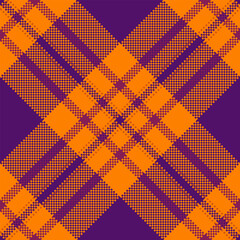 Eyecatching orange and purple pixel art plaid pattern offers a modern twist on classic tartan. Ideal for Halloween backgrounds, festive fabric designs, and creative seasonal projects.