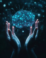 A person cradles a luminous brain, symbolizing innovation, creativity, and the power of human thought in their hands.