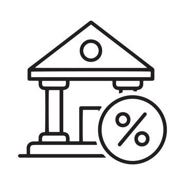Islamic banking icon featuring a bank building with a prohibited percentage sign representing interest-free sharia-compliant finance and halal investment.