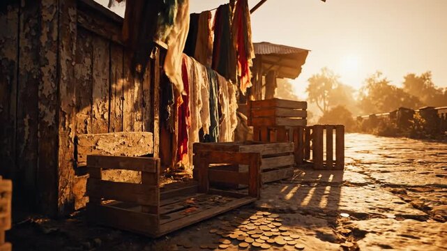 Tranquil rural market path at dawn with weathered stalls and crates