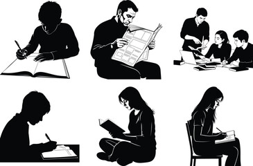Silhouette vector icon pack of diverse people reading and studying in various poses flat design illustration