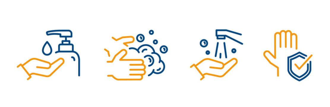 hand wash icons, set icon of collect soap, lather your hands, rinse under running water, care skin hands, liquid soap, handwashing line vector with editable stroke