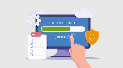 Hand clicking refresh button on system updated interface with progress bar on desktop monitor vector illustration 