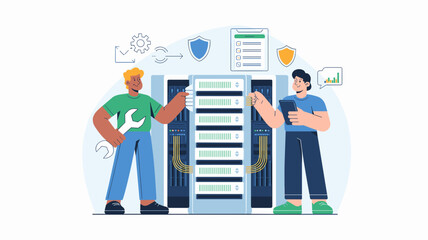 IT technicians maintaining server infrastructure with data racks and security monitoring icons vector illustration 