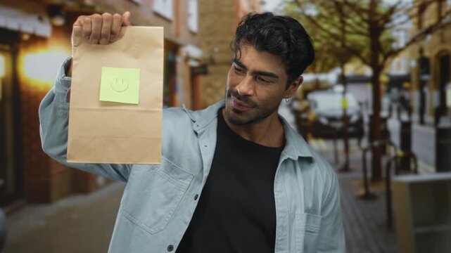 Young hispanic man wearing black shirt and denim jacket holding a paper bag with a smiley note on street; happiness optimism.