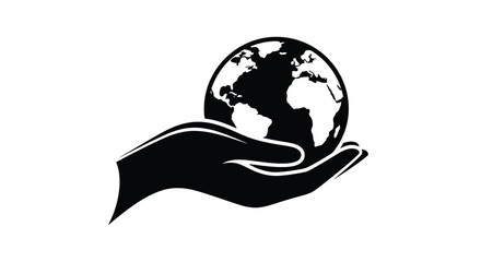 A stylized black and white image of hands cradling the earth