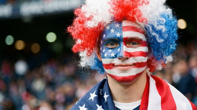 A patriot with painted face and colorful wig, celebrating a special event
