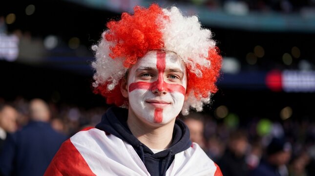 A rugby fan is joyfully wearing a flag-themed wig and face paint