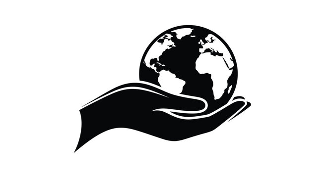 A stylized black and white image of hands cradling the earth