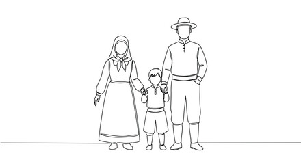 Obraz premium Line drawing of a family with a woman, man, and child holding hands, standing together on a transparent background during a festive celebration