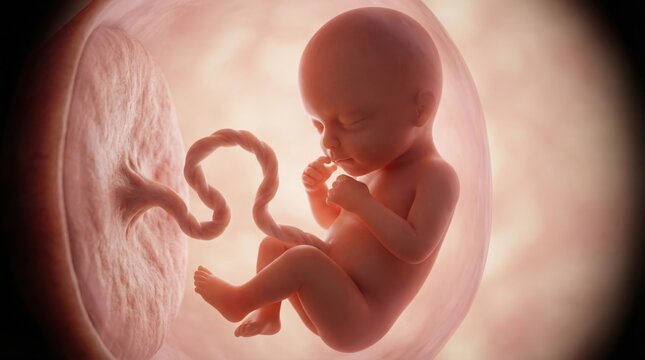human fetus developing in the womb with umbilical cord and placenta. Ideal for medical, pregnancy, healthcare articles, and educational maternity illustrations