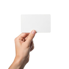 Hand holding blank white card isolated on a transparent background blank card business card