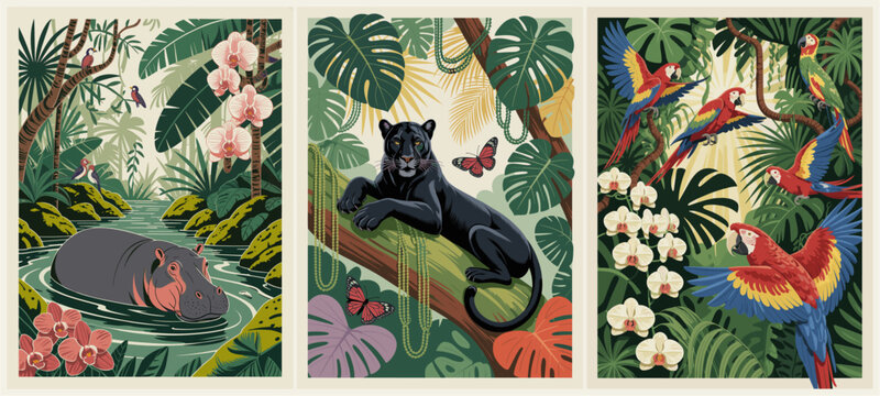 Set of three retro jungle posters featuring hippo, black panther and macaws in lush tropical rainforest scenes, bold flat vector style.