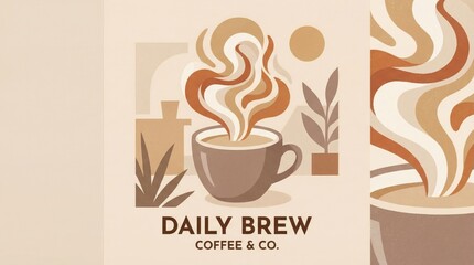 Modern simple illustration of a coffee cup with abstract steam swirls, warm brown and cream colors, trendy cafe aesthetic for social media.