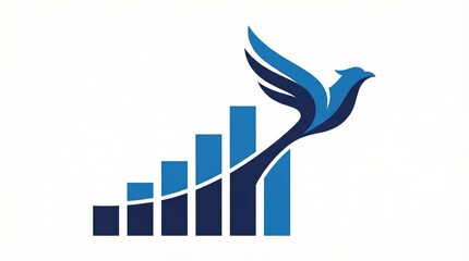 Simple geometric illustration of a rising bar chart transforming into a flying bird, blue and navy color palette, professional corporate style, clean white background.