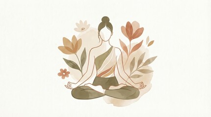 Peaceful minimalist illustration of a person in a yoga pose, surrounded by soft abstract floral shapes, calming earthy tones, zen aesthetic.