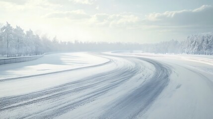 Obraz premium Serene winter landscape with snow-covered road and trees under a cloudy sky in a peaceful countryside setting with a sense of calmness and tranquility.