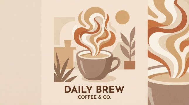 Modern simple illustration of a coffee cup with abstract steam swirls, warm brown and cream colors, trendy cafe aesthetic for social media.