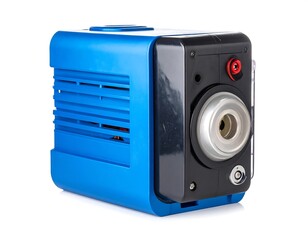 Obraz premium A blue and black electronic device with a lens and red light