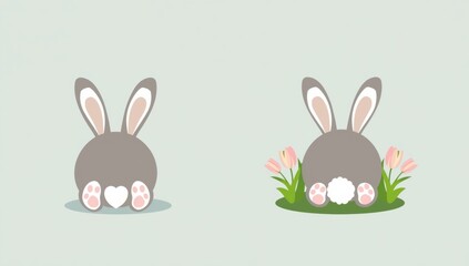 Two gray bunnies with pink paws and white flowers on green background