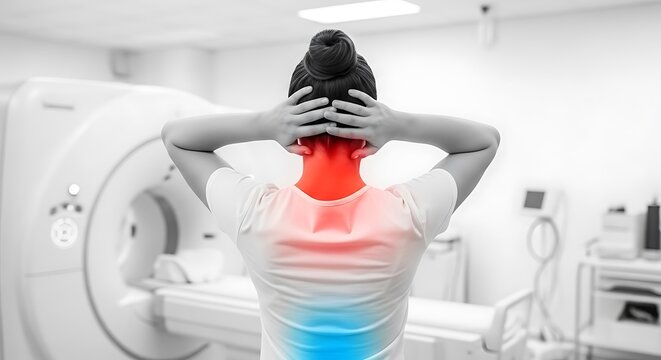 A person experiencing back pain in a medical facility with an MRI machine in the background