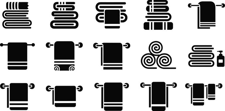 Towel icons, folded towel, hanging towel, rolled towel, bathroom decor, textile design, spa interior, hygiene, laundry, home organization, cleanliness