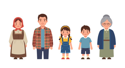 A multi-generational family featuring mother, father, girl, boy, and grandmother, standing together in vibrant flat cartoon vector style.