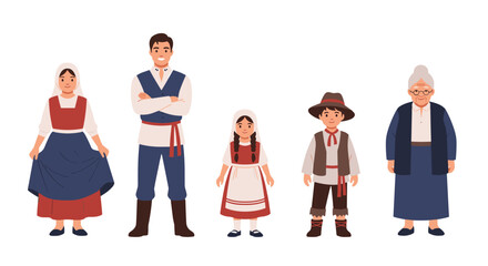 Fototapeta premium A traditional European family of five, spanning multiple generations, stands together wearing authentic folk costumes in a vibrant illustration.