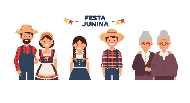 A festive illustration displays various characters in traditional attire for Festa Junina, including a couple, children, and elderly people, under a celebratory banner.