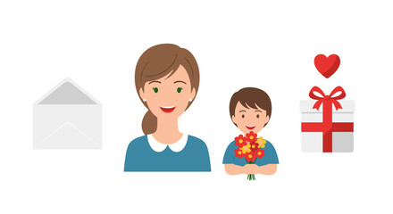 Obraz premium A delightful mother and child sharing a tender moment, with a beautiful bouquet, a thoughtfully wrapped gift, a red heart, and an elegant white envelope.