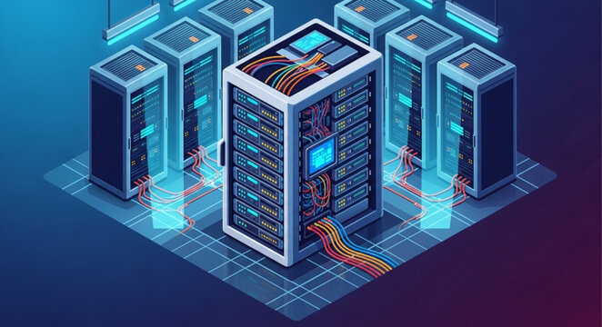 Modern computer server room with glowing blue lights.