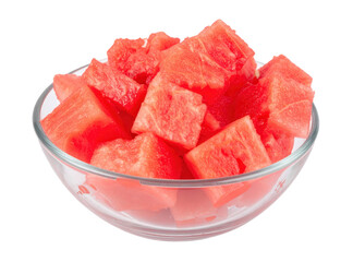Watermelon cubes filling a glass bowl, transparent background