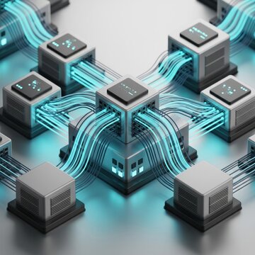 Abstract Network Connection With Blue Light Rays And Cubic Nodes