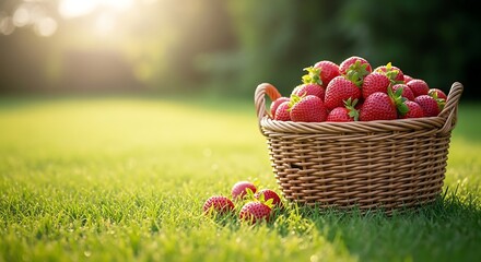 A basket of ripe strawberries on lush green grass in soft sunlight