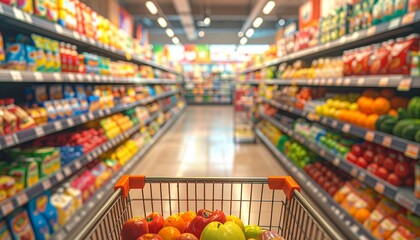 Fototapeta premium Grocery store aisle with colorful product display