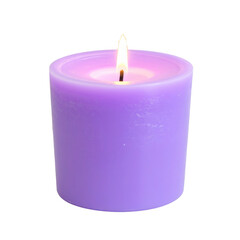 Purple candle burning with flame on transparent background