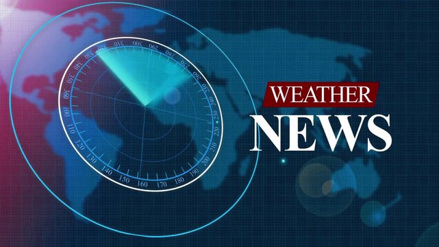 Tv-style weather news graphic with radar overlay and world map background animation