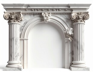 Fototapeta premium Ornate Marble Fireplace Mantle with Corinthian Columns on a White Background