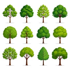 Fototapeta premium A collection of twelve different green trees with brown trunks