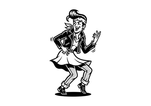 Energetic rockabilly woman dancing with a classic 1950s style.